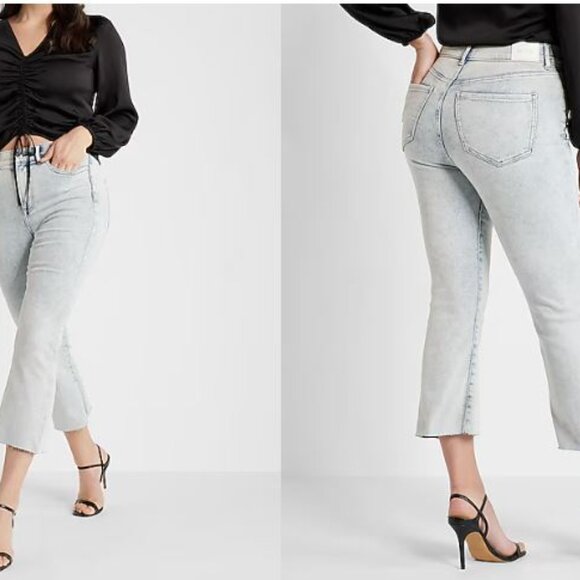 Express High Waisted Light Wash Raw Hem Cropped Flare Jeans - Picture 5 of 5
